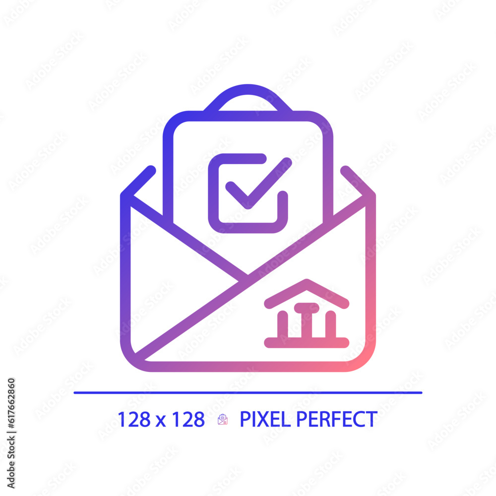 2D pixel perfect gradient icon with checkmark and envelope representing voting, isolated vector illustration. 2D pixel perfect gradient icon with checkmark and envelope representing voting, isolated vector illustration.