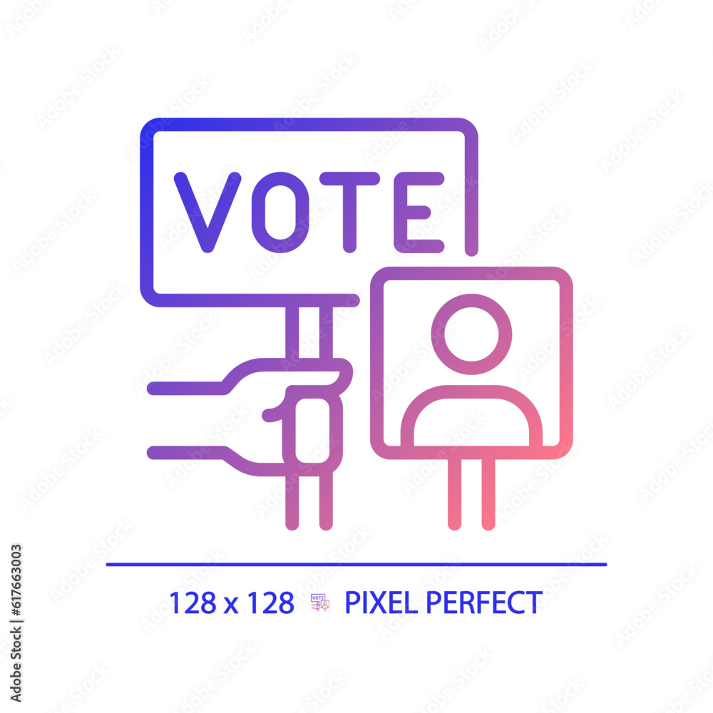 2D pixel perfect gradient icon of hand holding vote sign, vector illustration representing voting, election symbol. 2D pixel perfect gradient icon of hand holding vote sign, vector illustration representing voting, election symbol.