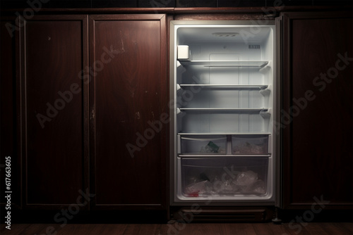 Opened empty refrigerator refrigerator open empty fridge inside interior close up on empty fridge with door open new,generative.ai