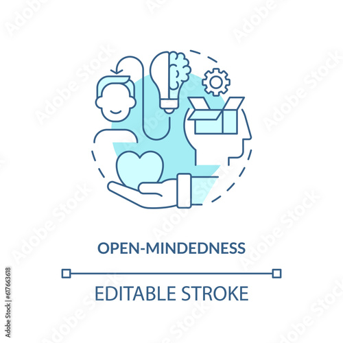 Open mindedness turquoise concept icon. Different perspective. Drive change. Cultural awareness. Embracing diversity abstract idea thin line illustration. Isolated outline drawing. Editable stroke
