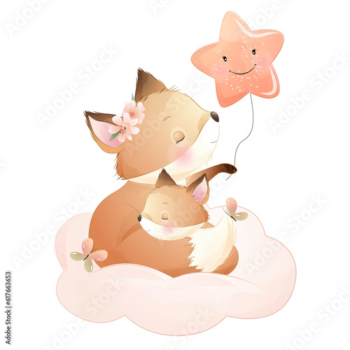 Cute fox and fox sitting on cloud with star balloon watercolor illustration
