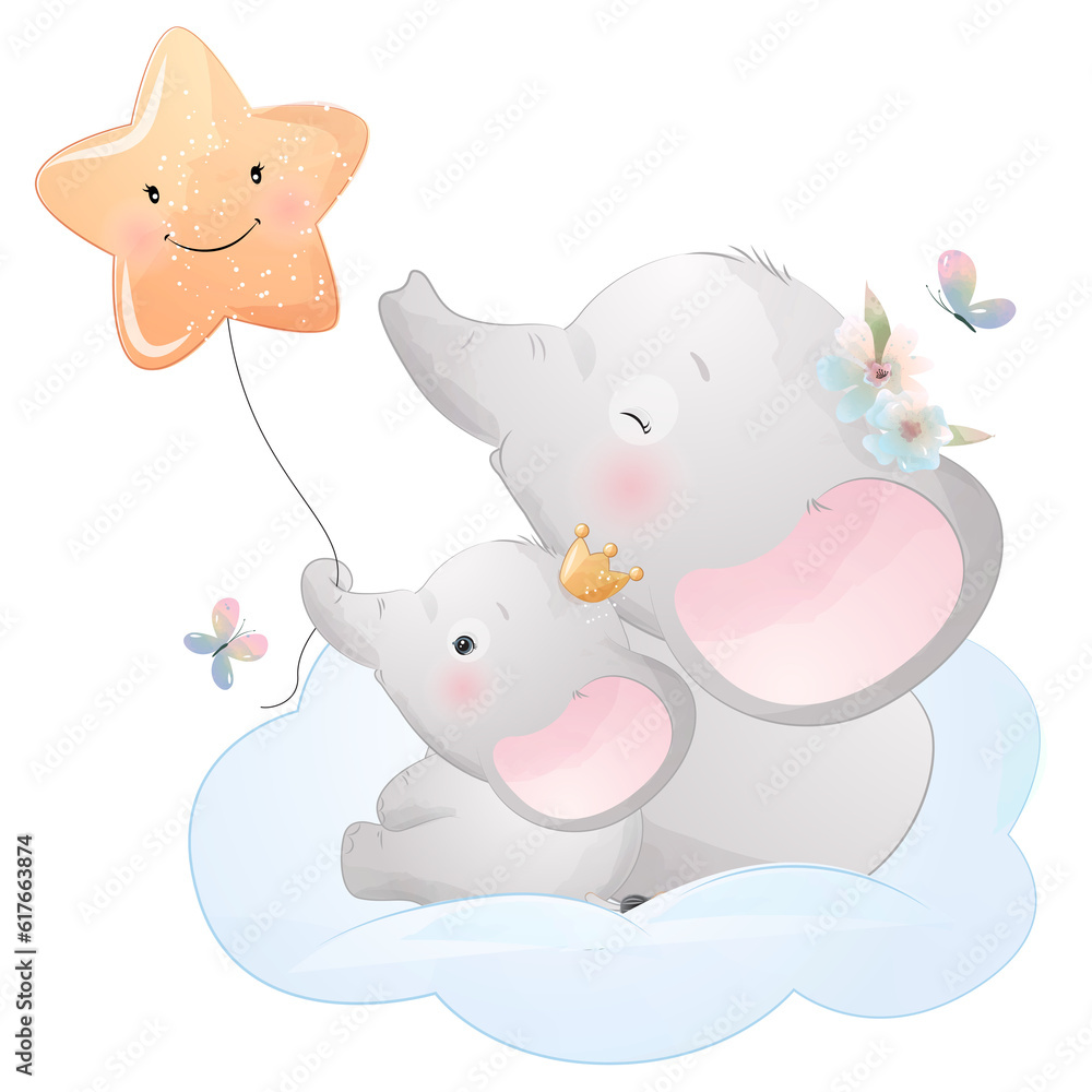 Fototapeta premium Cute elephant sitting on cloud with star balloon watercolor illustration