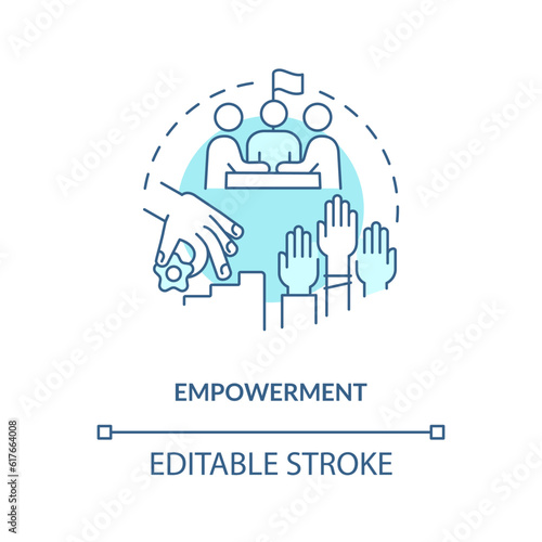 Empowerment turquoise concept icon. Decision making. Social justice. Equal access. System change. Community gathering abstract idea thin line illustration. Isolated outline drawing. Editable stroke
