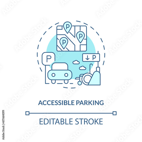 Accessible parking turquoise concept icon. Wheelchair transport. Disability support. Barrier free. Reserved parking abstract idea thin line illustration. Isolated outline drawing. Editable stroke