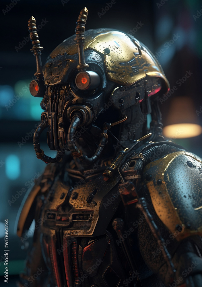 Beetle cyborg robot posing in cyberpunk background.