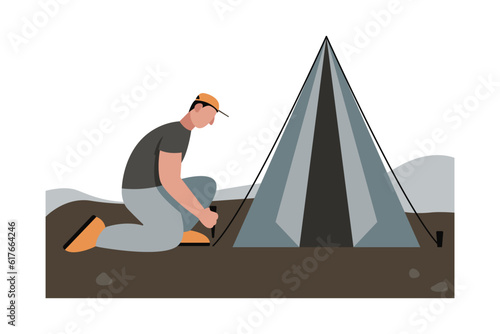 Male vector character is pitching tent outside. Experienced traveler prepares place for night. Outdoor recreation. Sports lifestyle, camping. Weekend out of town