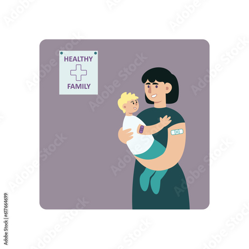 Mother and child were successfully vaccinated together. Family vaccination. Preventive actions, health care. Boosting immune system health for adult and children