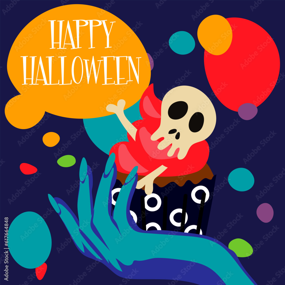 Illustration of a witch's hand, a cupcake with a skull and bones on an abstract bright background with the inscription Happy Halloween for a party invitation card, poster. Day of the dead banner Print