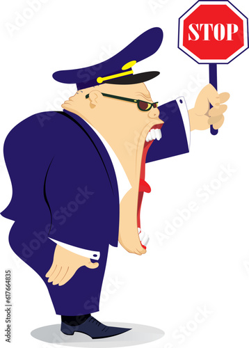 Cartoon police officer
Shouting traffic police officer holding a stop sign 

