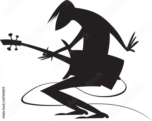 Musician playing guitar. Original silhouette. 
Musician playing guitar with inspiration. Black silhouette on white background

