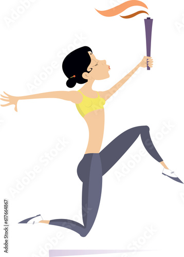 Running woman holds a torch illustration. 
Smiling running young woman with a torch of sport. Isolated on white background
