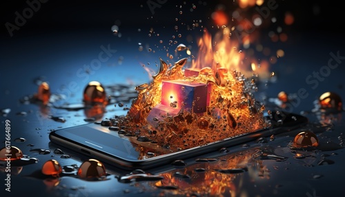 Burning smartphone. Mobile phone in fire.