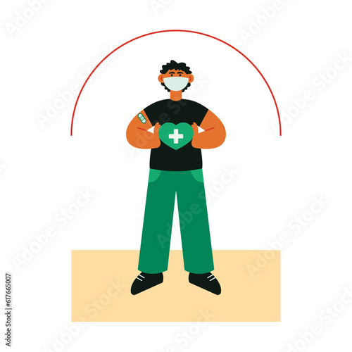 Take care of your health. Vector character holding green heart. Symbol of caring attitude towards your body. Preventive measures to protect against diseases, vaccination