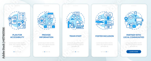 Inclusive travel blue onboarding mobile app screen. Barrier free walkthrough 5 steps editable graphic instructions with linear concepts. UI, UX, GUI template. Myriad Pro-Bold, Regular fonts used