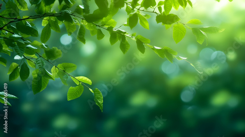 Blur green leaves in the forest with bokeh light background 
