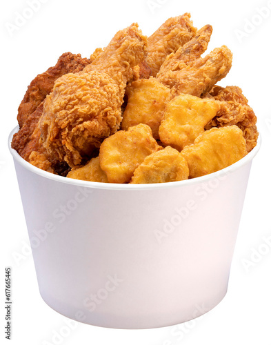 Fried chicken in paper bucket isolated on white With clipping png file.