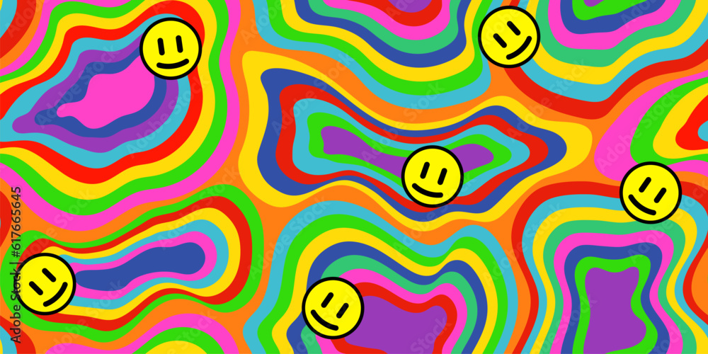 Abstract psychedelic colorful background. Bright striped seamless pattern with smile imoji. LSD trippy hippie vector retro illustration.