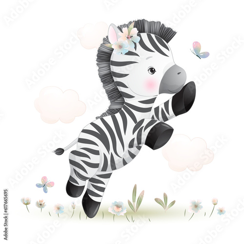 Cute zebra poses watercolor illustration