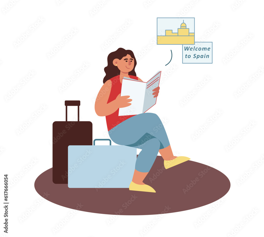 Young sitting on case near luggage, holding map and reading about Spain. Visiting sightseeing during holidays. Time for discovering new places concept. Vector flat illustration in blue and red colors Young sitting on case near luggage, holding map and reading about Spain. Visiting sightseeing during holidays. Time for discovering new places concept. Vector flat illustration in blue and red colors