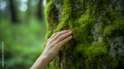 hand touching green moss with blur green natural background created with Generative AI
