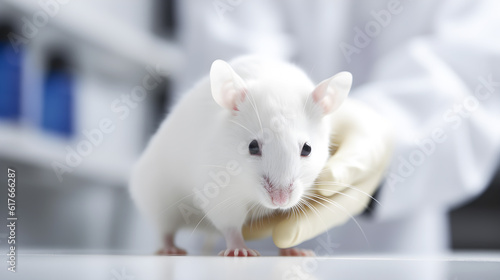 Scientist's hand holding white mouse created with Generative AI