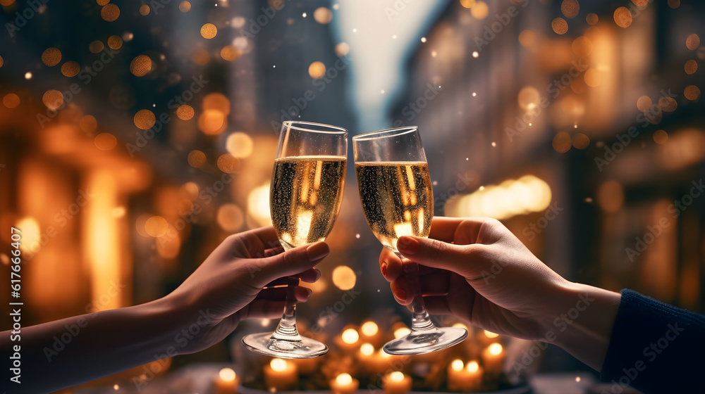 glasses of champagne cheering in party with bokeh light background created with Generative AI