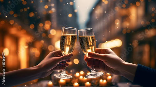 glasses of champagne cheering in party with bokeh light background created with Generative AI