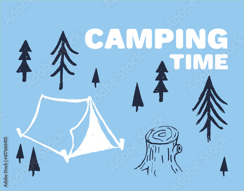 Camping funny cool summer t-shirt print design. Camp vacation illustration. Forest travel