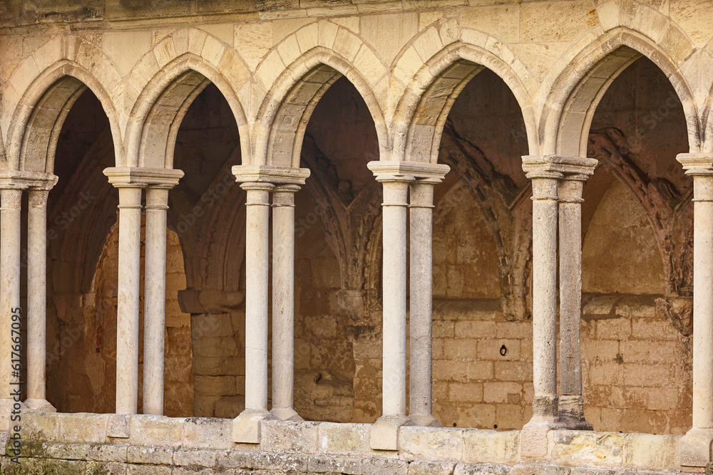 Saint Emilion church cloister columns and arches. Near Bordeaux. France