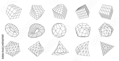 A set of geometric shapes from a wireframe. A collection of miscellaneous objects for use in HUD design. Network line concept. Creative abstract geometric shapes. Vector illustration.