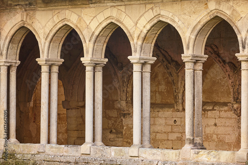 Saint Emilion church cloister columns and arches. Near Bordeaux. France