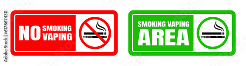 No smoking no vaping and smoking area sign set. Forbidden sign icon isolated on white background vector illustration. Cigarette, vape in prohibition circle and green allowed area.