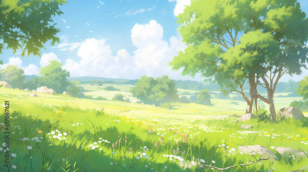 Fototapeta premium landscape countryside cartoon scene background. green meadow with tree on sunny day. generative AI