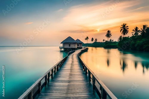 Water bungalow. Sunset on the islands of the Maldives. A place for dreams. 