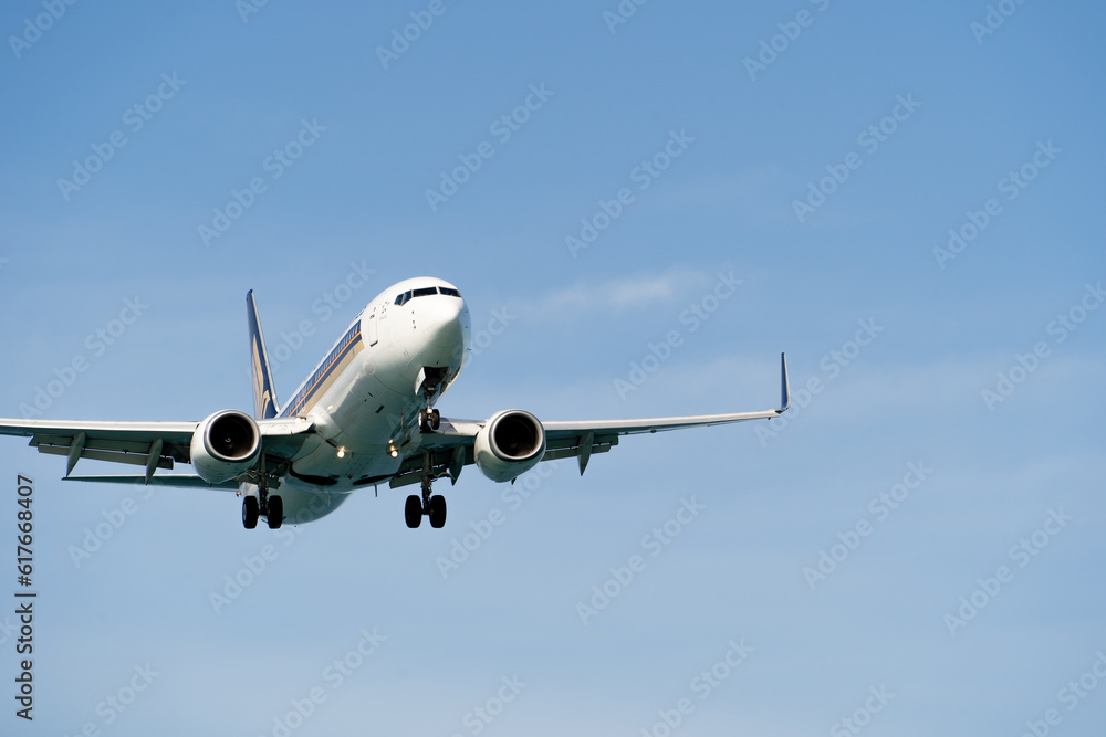 Close-up view of a landing plane against a blue clear sky. Commercial flights on an airliner. Air Transport. Place for text, copyspace. Close-up view of a landing plane against a blue clear sky. Commercial flights on an airliner. Air Transport. Place for text, copyspace.