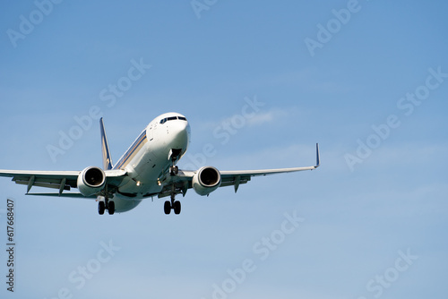Close-up view of a landing plane against a blue clear sky. Commercial flights on an airliner. Air Transport. Place for text, copyspace.