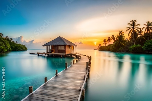 Water bungalow. Sunset on the islands of the Maldives. A place for dreams. 