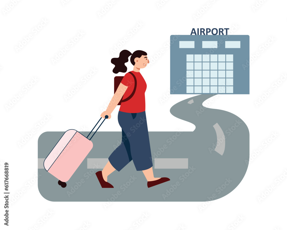 Female character is rolling suitcase on way to airport. Preparation for flight. Time for visiting sightseeing during holidays. Color vector illustration in flat style Female character is rolling suitcase on way to airport. Preparation for flight. Time for visiting sightseeing during holidays. Color vector illustration in flat style