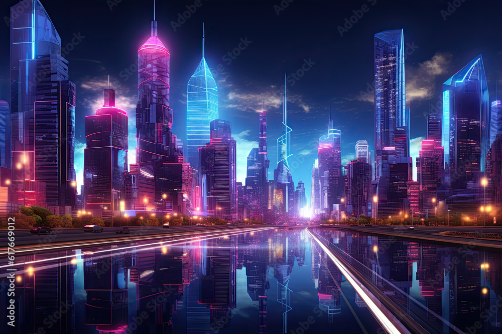 Futuristic cityscape at night, with dazzling skyscrapers adorned with neon lights, showcasing the technological advancements and urban sophistication of a metropolis