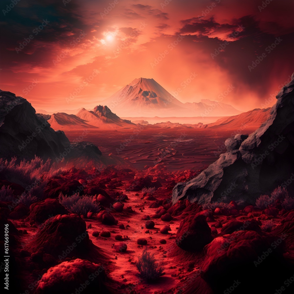 very hot rocky and dusty environment with lava and distant mountains red cloudy sky red foggy no plants top view 