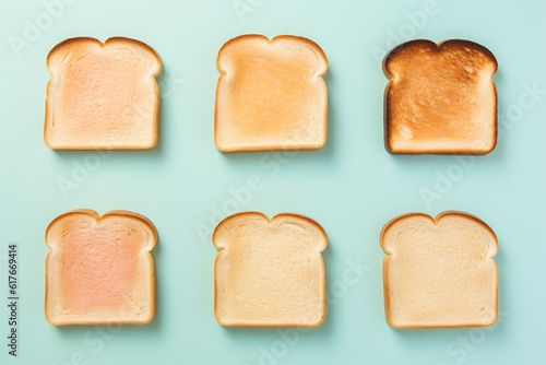 Top view of toast bread slices on pastel blue background