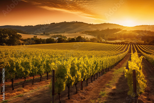 sprawling vineyard at sunset, with rows of grapevines stretching into the distance and a warm, golden light illuminating the landscape, evoking a sense of tranquility and the artistry of winemaking