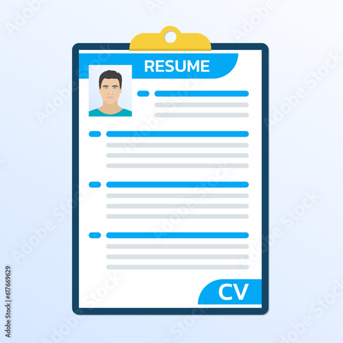 Resume, cv, job application design template. Employment, staff, personnel hiring concept. Vector illustration.