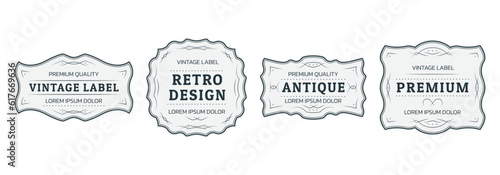 Vintage label, retro tag frame set. Antique, Victorian, royal design template. Old card, sticker, classic badge or sign collection with decorative ornament. Vector illustration.