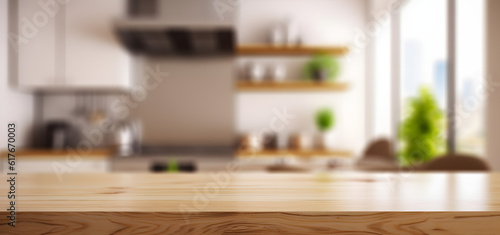 Wooden table top on blur kitchen room background  Modern Contemporary kitchen room interior.