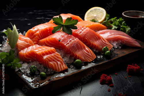photo raw and fresh salmon tuna and other sashimi fish meat
