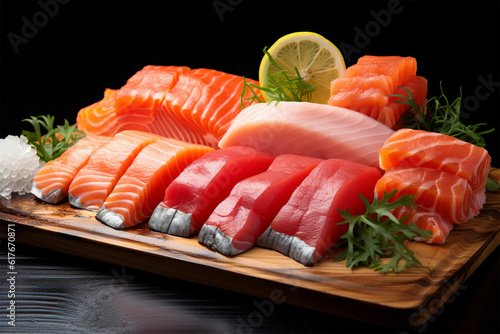 photo raw and fresh salmon tuna and other sashimi fish meat