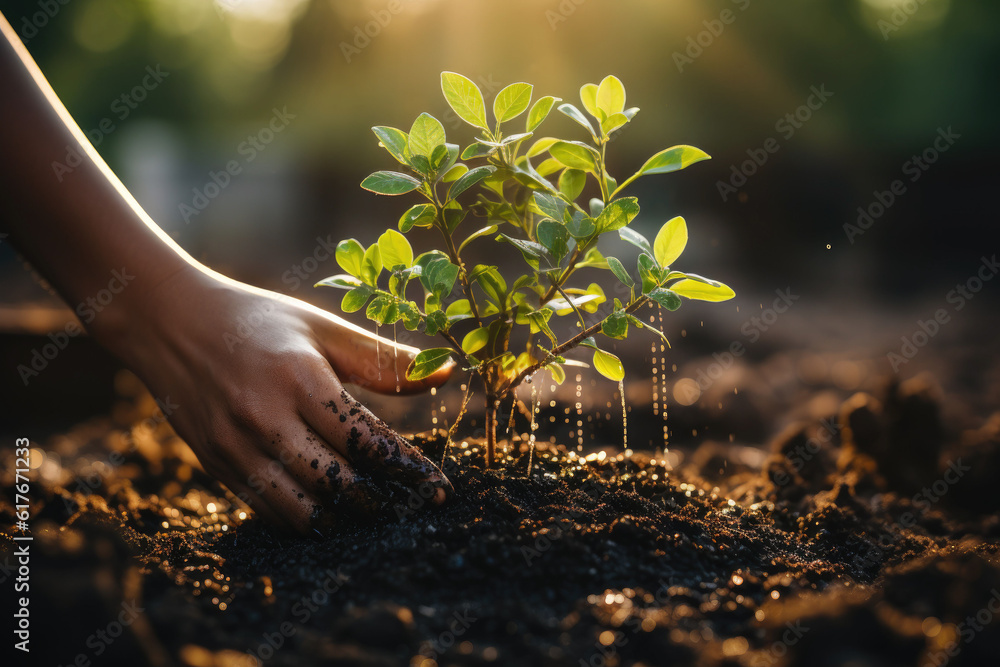 Fototapeta premium Close-up of hygienic gloved hands planting a tree,ai generative.