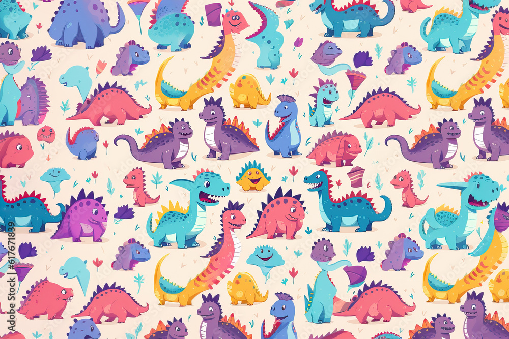 Fototapeta premium Motif sans couture avec dinosaure sur fond coloré. Illustration vectorielle pour impression sur tissu, carte postale, papier d'emballage, produits cadeaux, papier peint, vêtements. Fond de bébé mignon