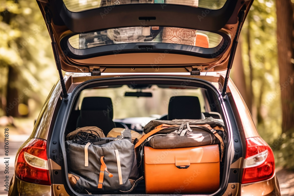 Moving to college. Packed belongings in the trunk of the car created with generative AI technology